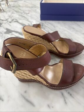 Stuart Weitzman Brown Leather Espadrille Wedge Sandals